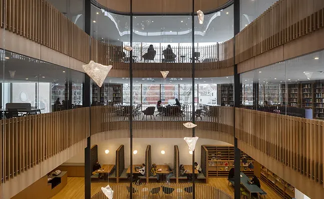Interior shot of multiple levels of the Neilson Library